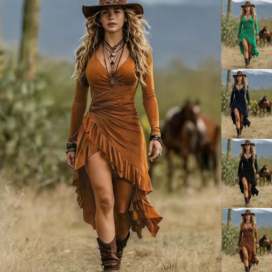 Women's Mid-length Bohemian Pleated Long Sleeve Ruffled Dress
