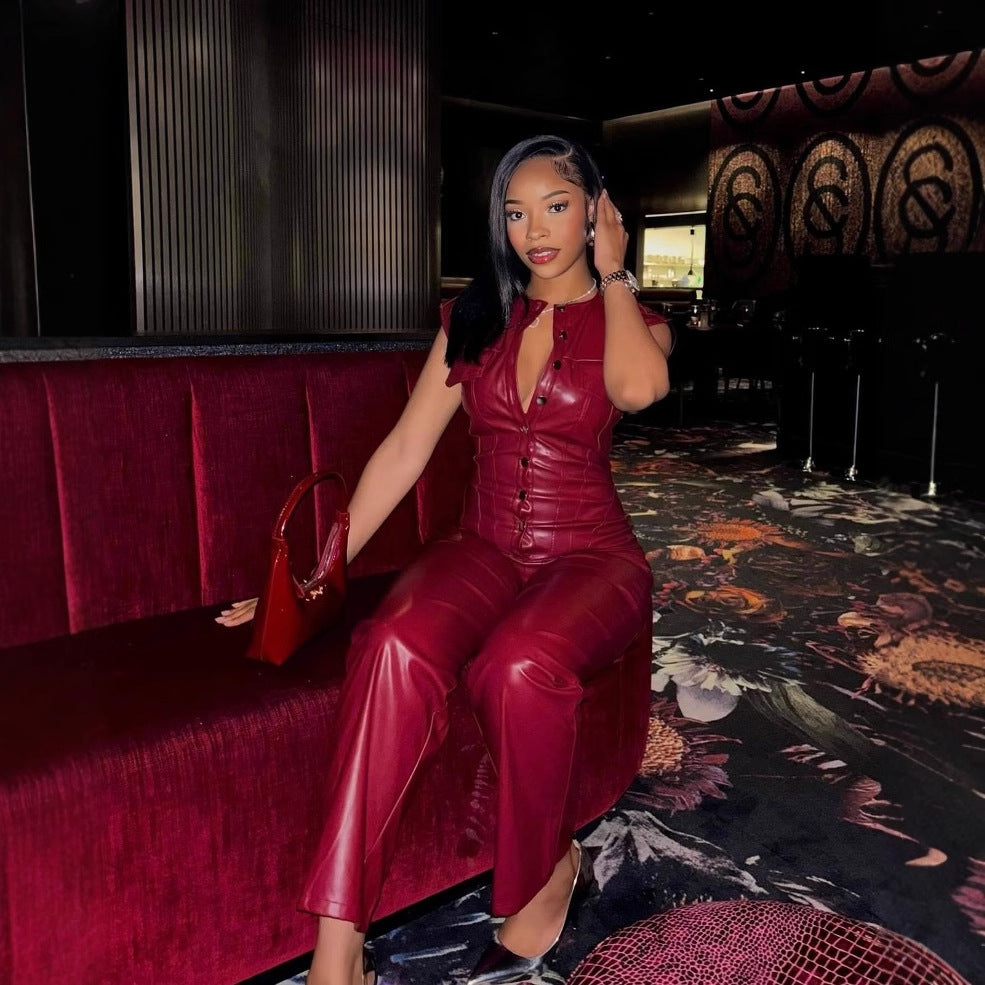 Women's Beautiful Versatile Trousers Sleeveless Leather Jumpsuits
