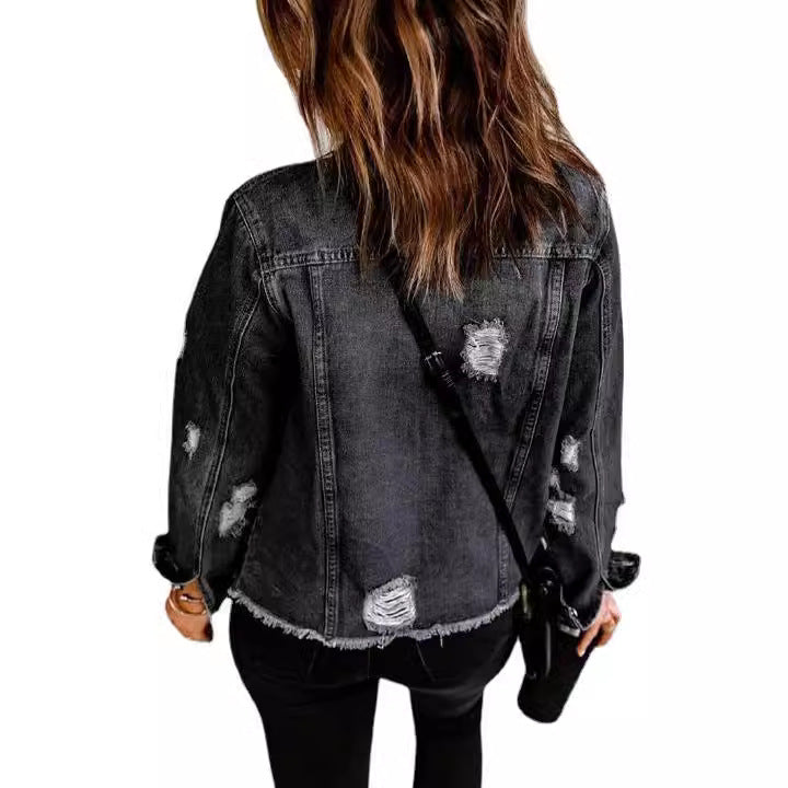 Women's Mid-length Ripped Denim Long-sleeved Shirt Jackets