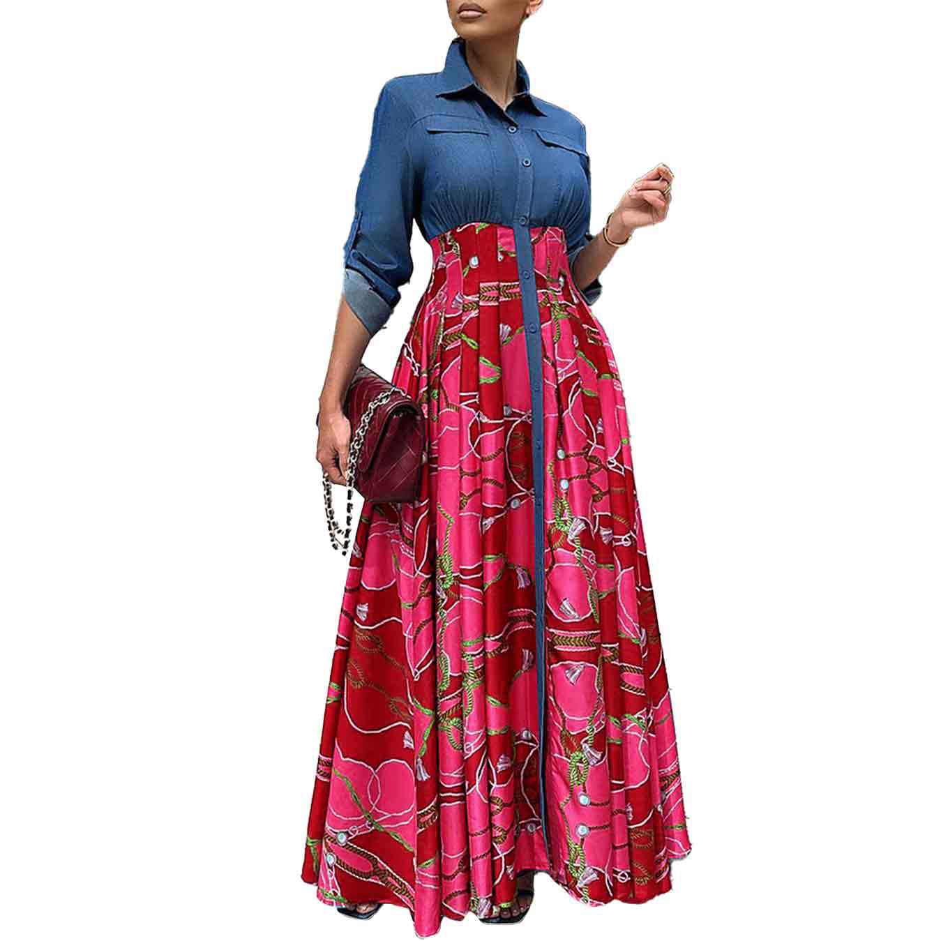 Women's Fashion Casual Denim Stitching Printing Long Dresses