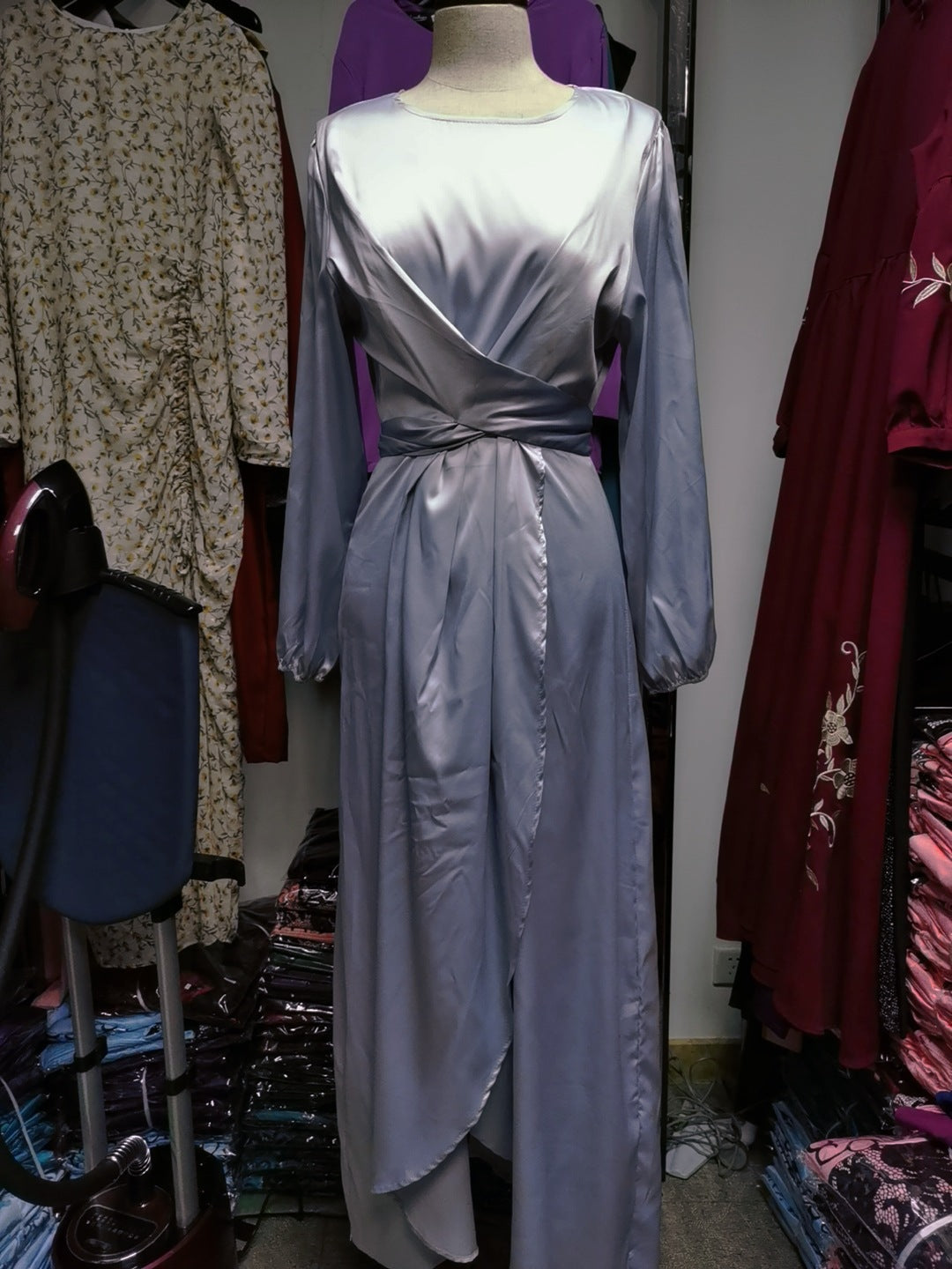 Fresh Sweet Satin Long Lantern Sleeve Lace Dress