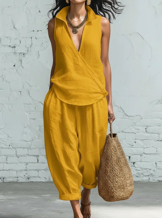 Women's Simple Lapel Shirt Wide Leg Linen Two-piece Fashion Casual Suit