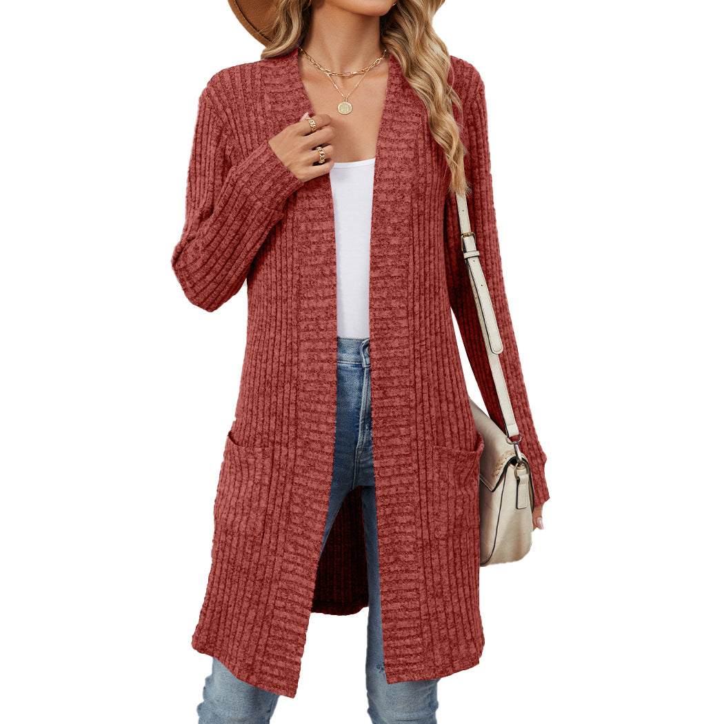 Women's Long Solid Color Sleeve Loose Pockets Women's Sweater