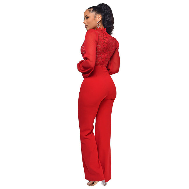 Women's High Waist Straight Turtleneck Lace Long-sleeved Jumpsuits