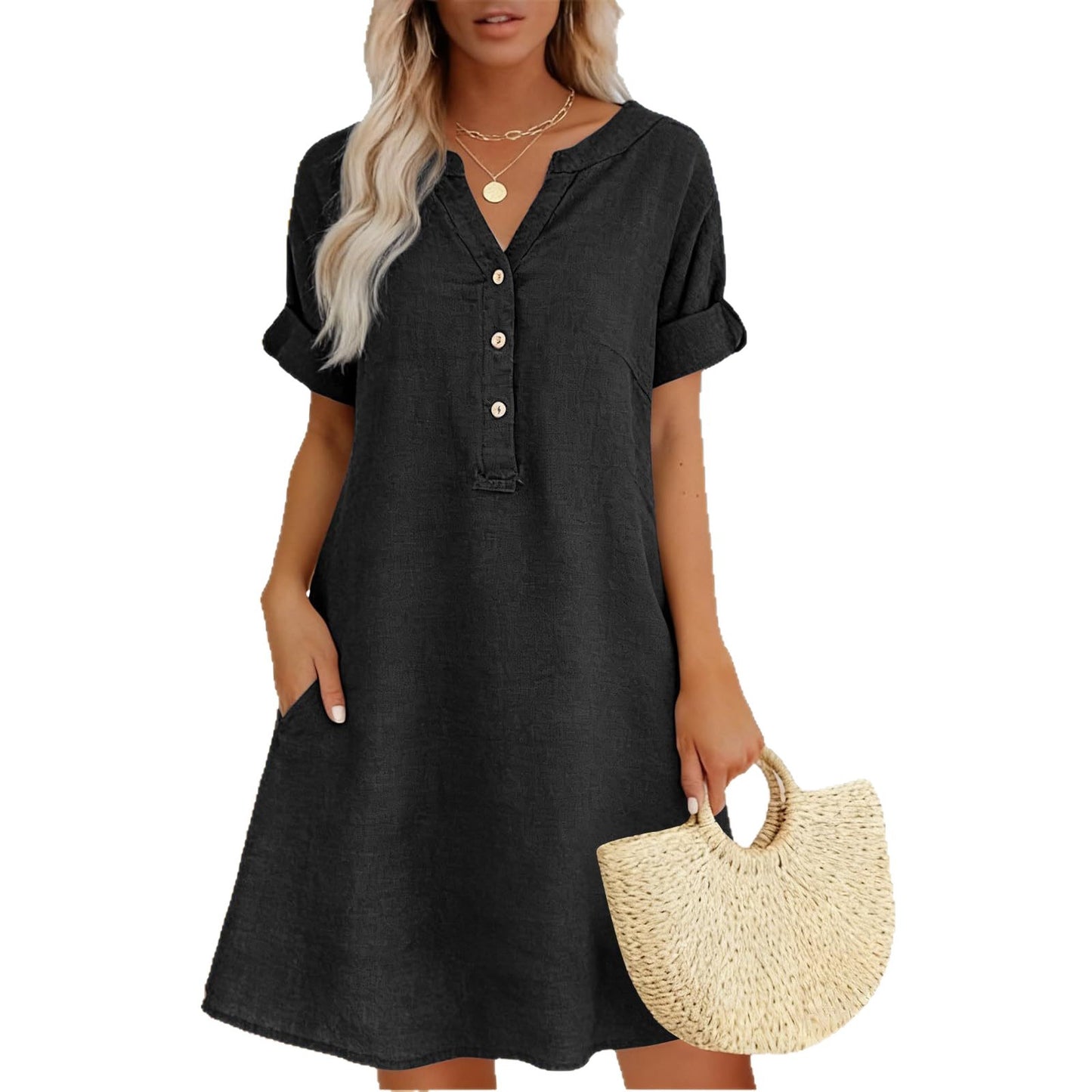 Sleeve Buttons Pocket Solid Color Shirt Shorts