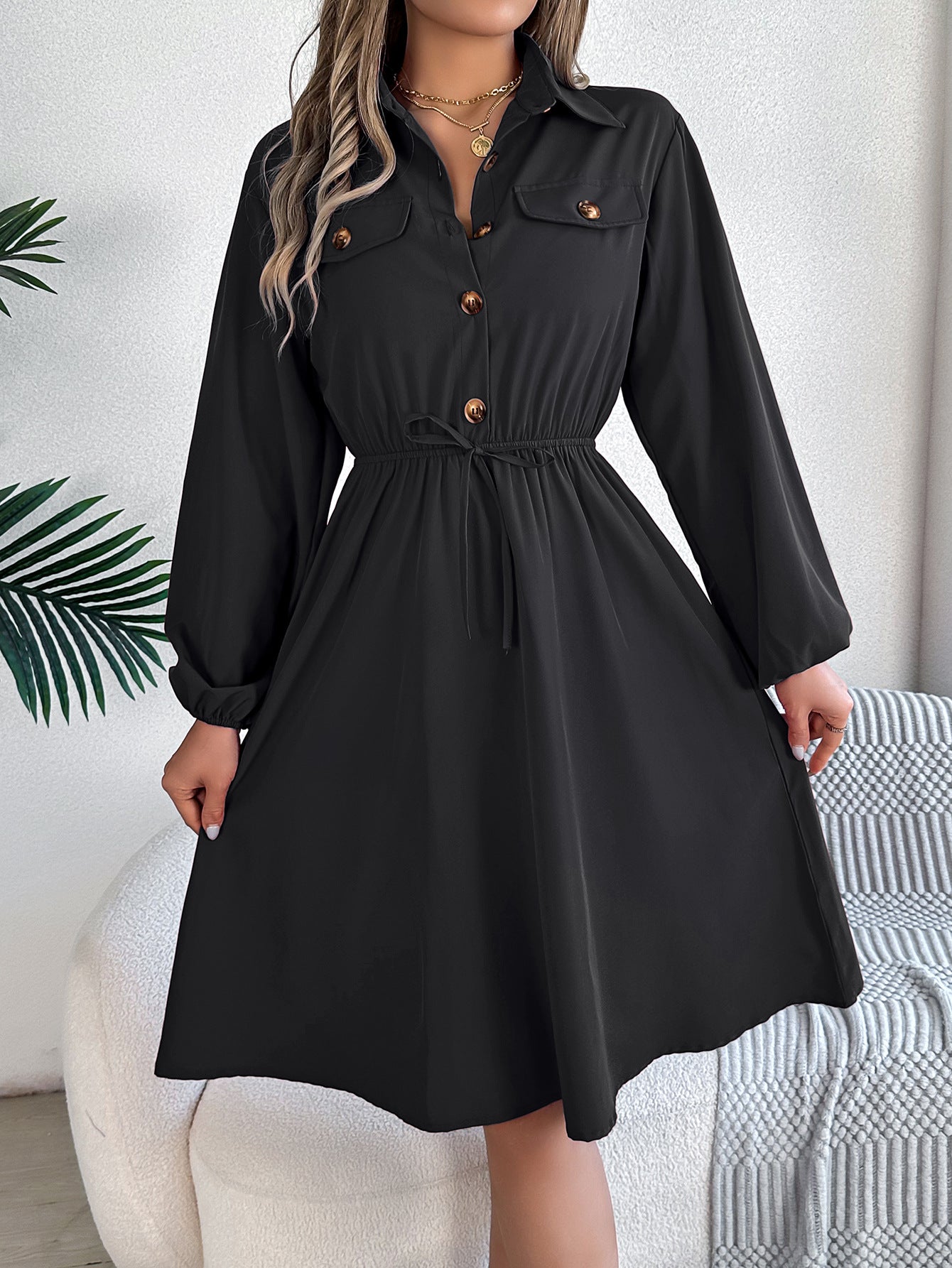 Women's Casual Button Long Sleeves Shirt Dress