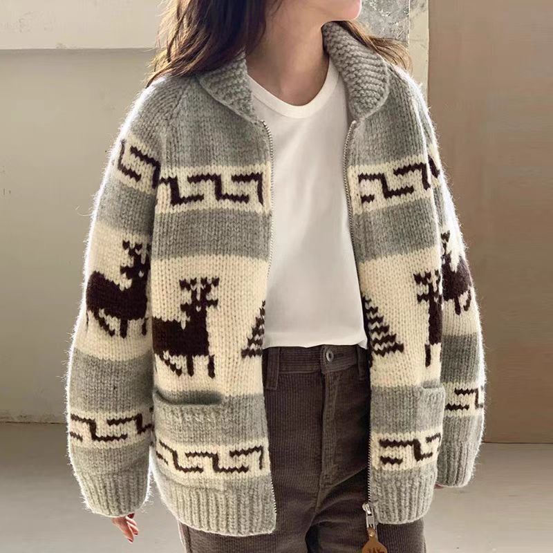 Women's Christmas Temperament Lapel Double Open Zipper Pattern Jacquard Sweater