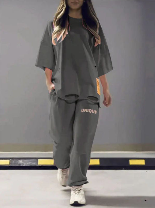Women's Loose Crew Neck T-shirt Two-piece Set Suits