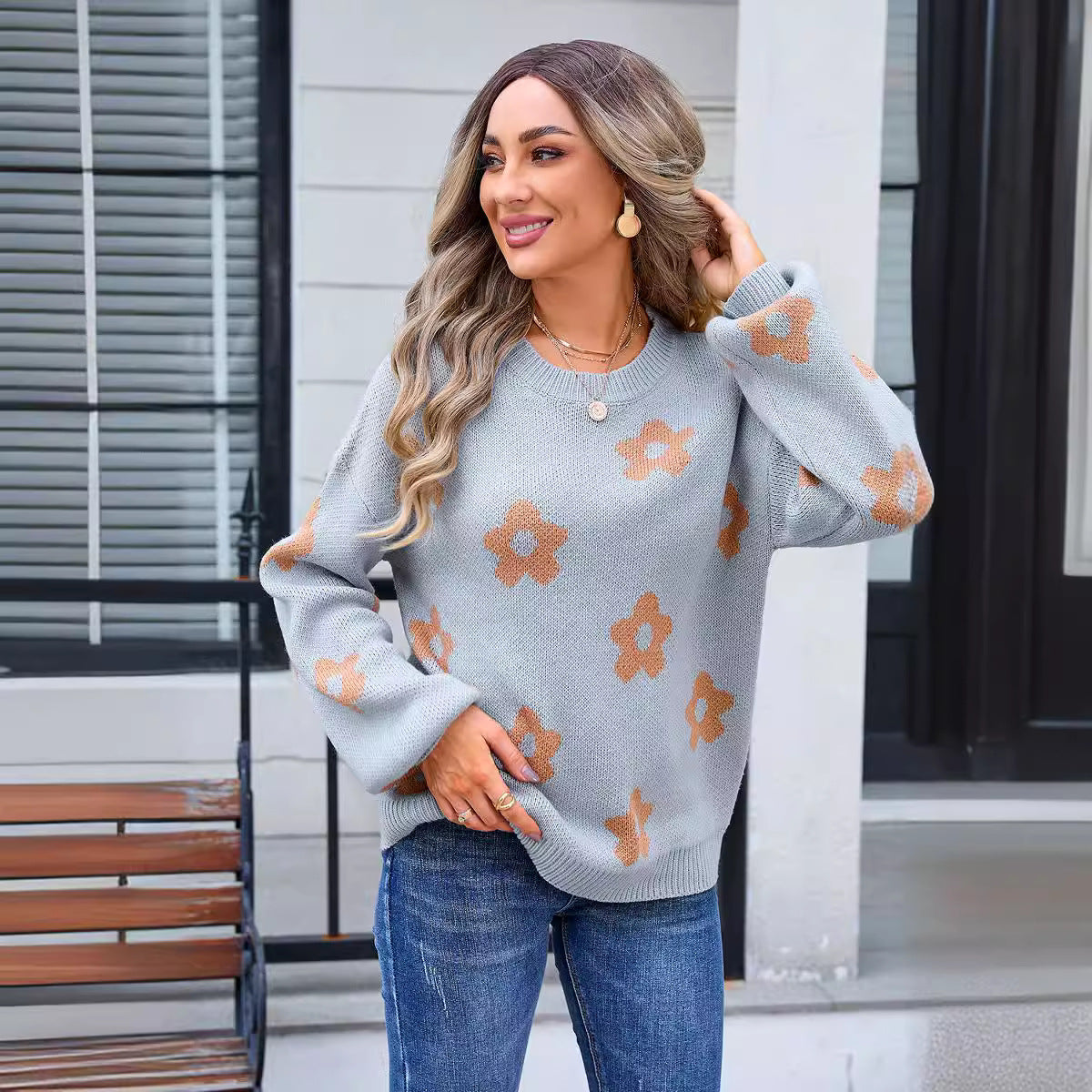 Women's Early Autumn Flower Long Sleeve Round Neck Women's Sweater