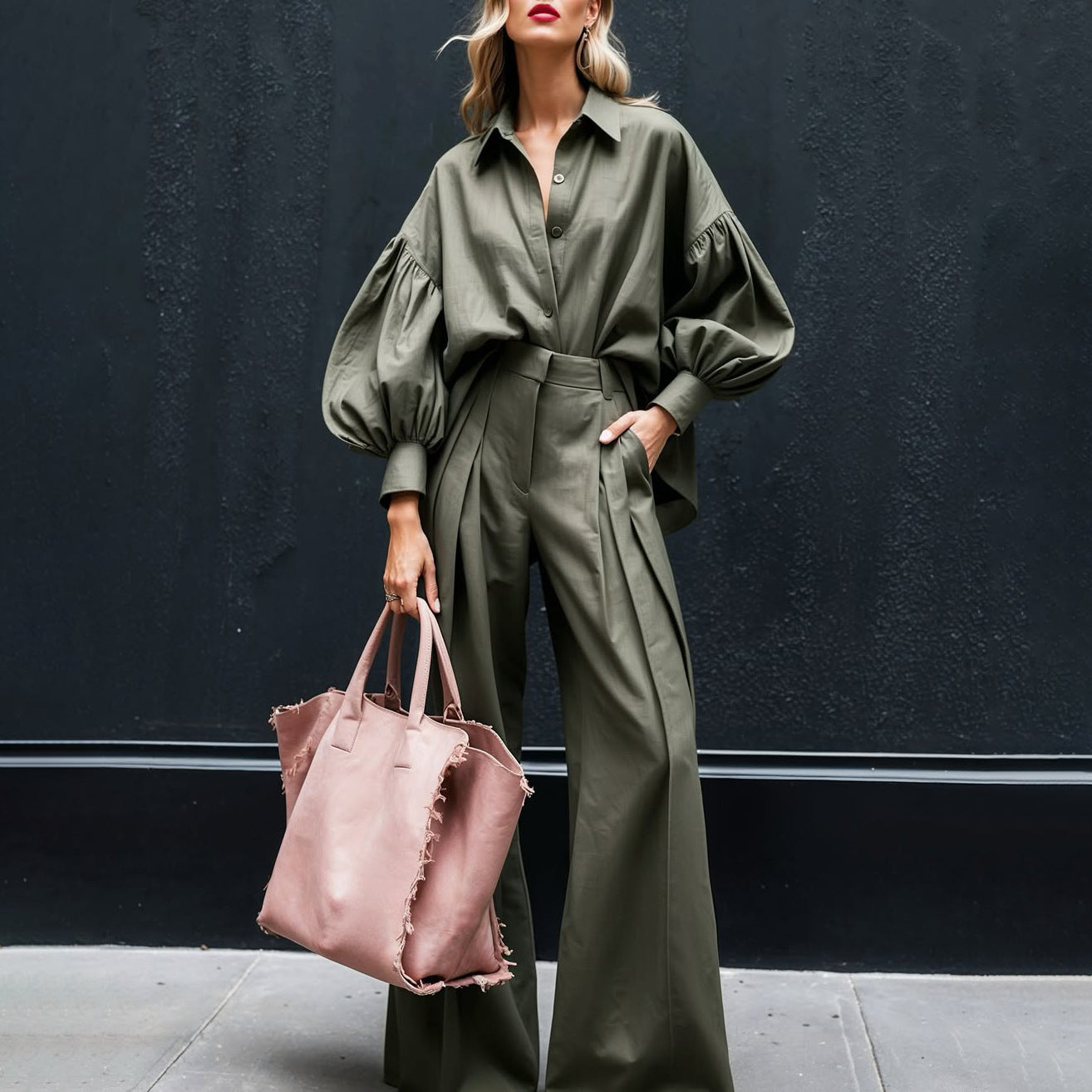 Solid Color Long Sleeve Shirt Wide Leg Cotton Fashion Casual Suit