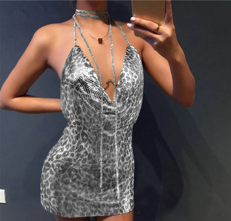 Women's Metal Sequins Sexy Brace Halter Diamond Dresses