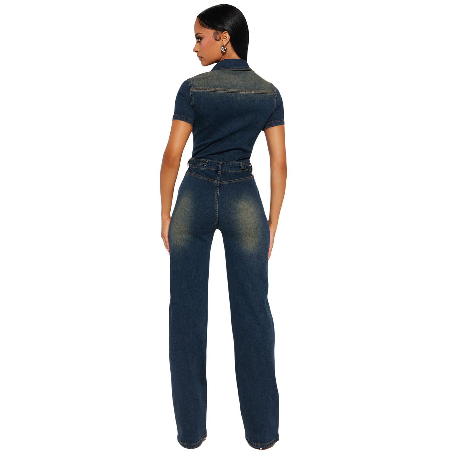 Tight Waist Slim Elastic Washed Denim Jumpsuits