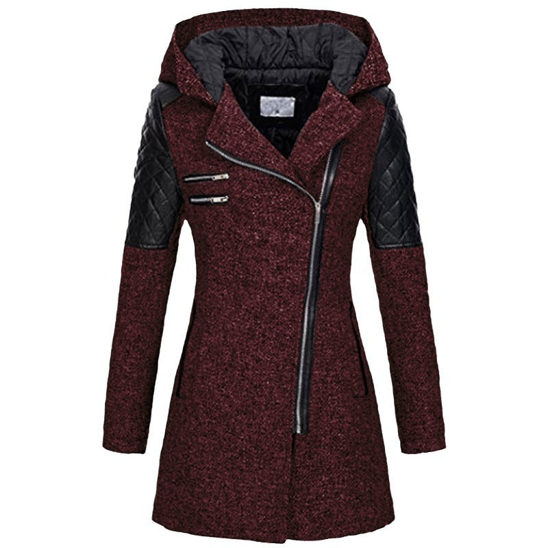 Women's Mid-length Hooded Loose Oblique Zipper Woolen Coats
