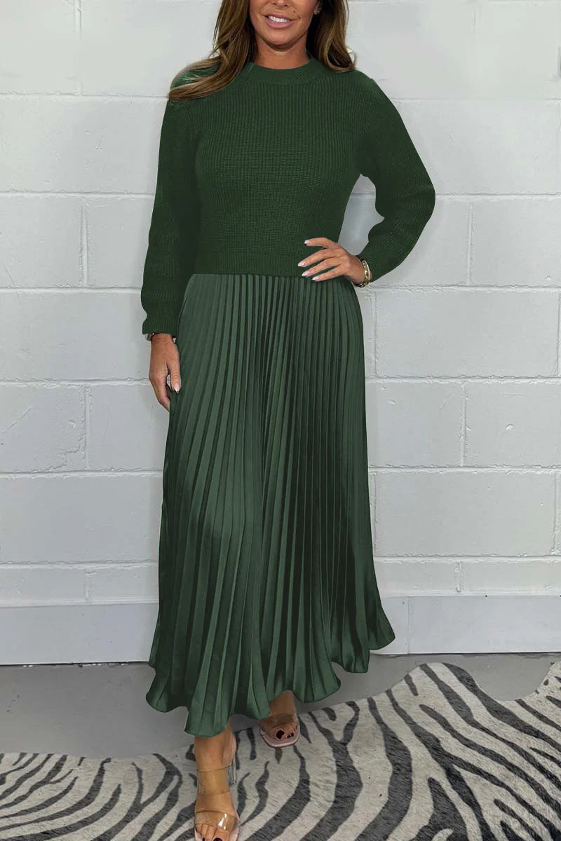 Women's Solid Color Knitted Long-sleeved Pullover Stitching Dresses