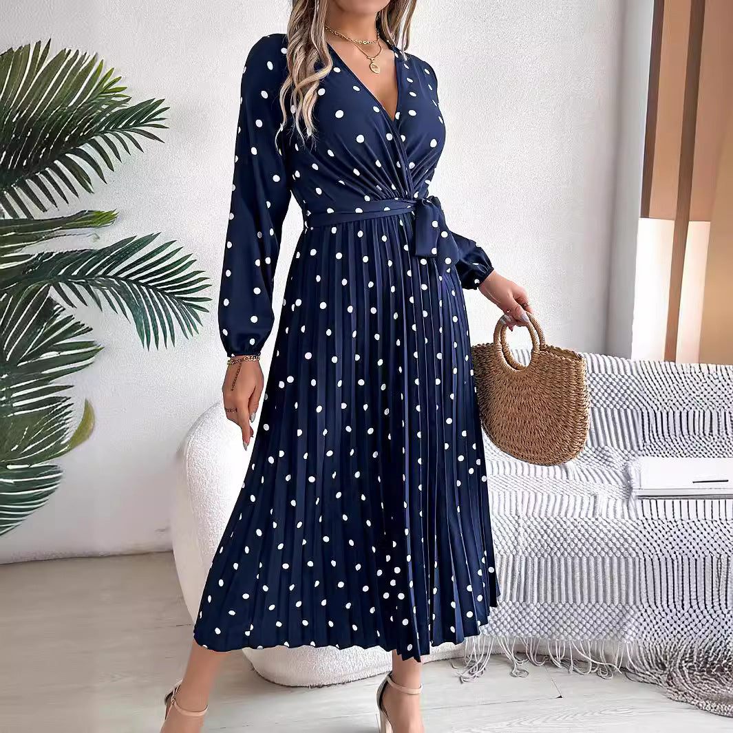 Women's Elegant Contrast Color Polka Dot Cross Pleated Dress