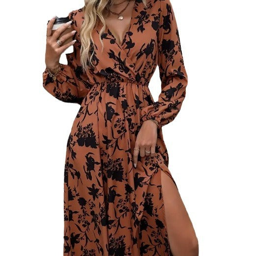 Elegant Floral Printed Slit Fashionable Long Dress