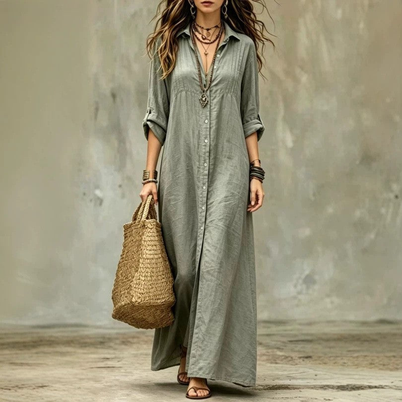 Comfortable Shirt Collar Floor Casual Simple Dress