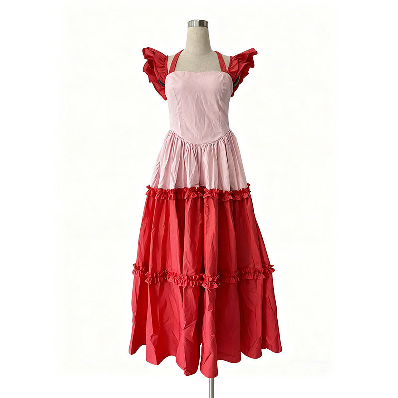 Women's African Ruffled Large Hem Color Matching Suspender Jumpsuits