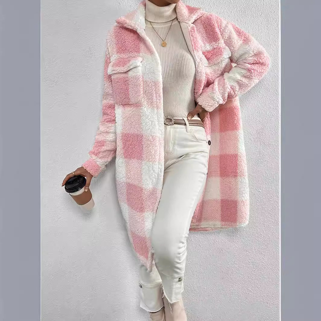 Women's Open Button Lapel Plush Plaid Loose Coats