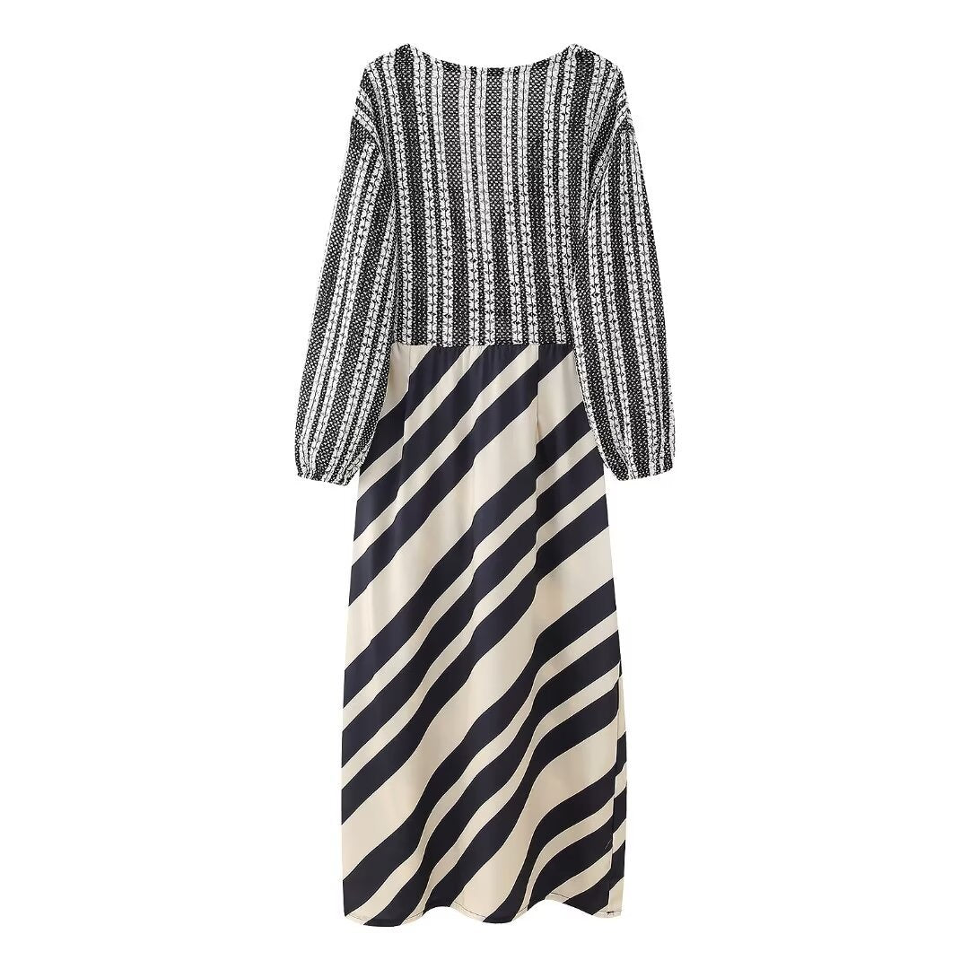 Women's Mid-length Long Sleeve Printed Stitching Dress Dresses