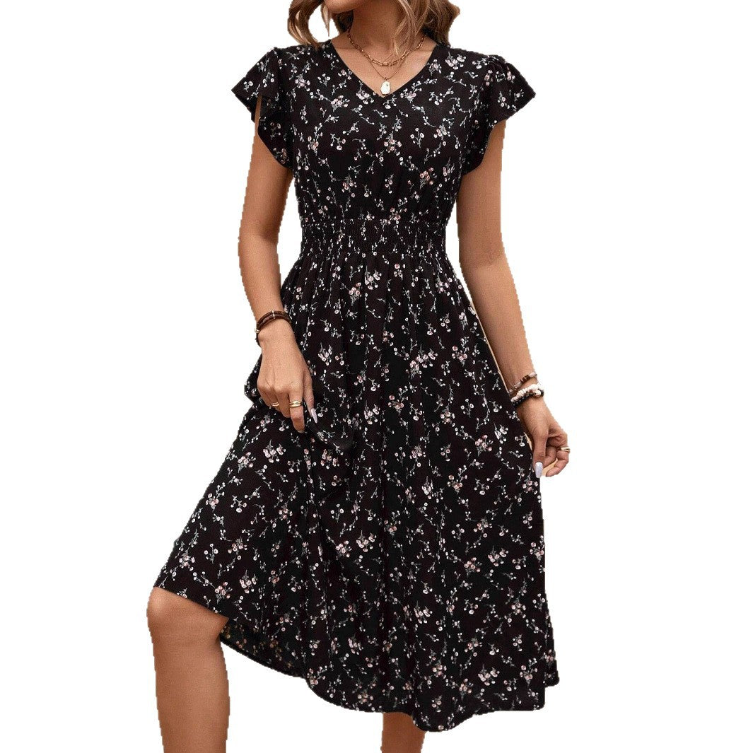 Bohemian Style Floral Print Smocking Waist Sleeve Dress