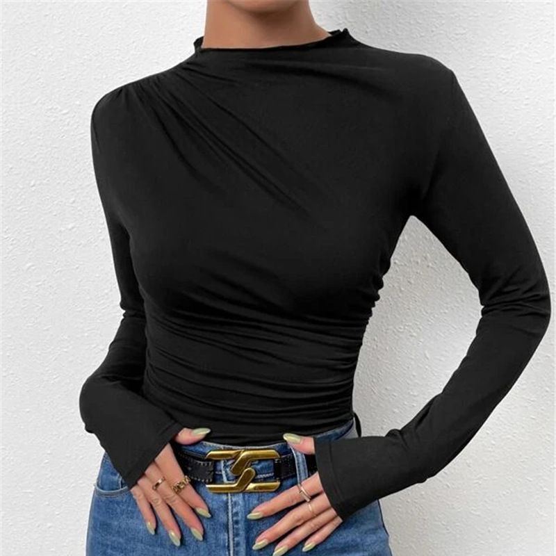 Women's Color Bottoming Shirt Versatile Pleated Design Blouses