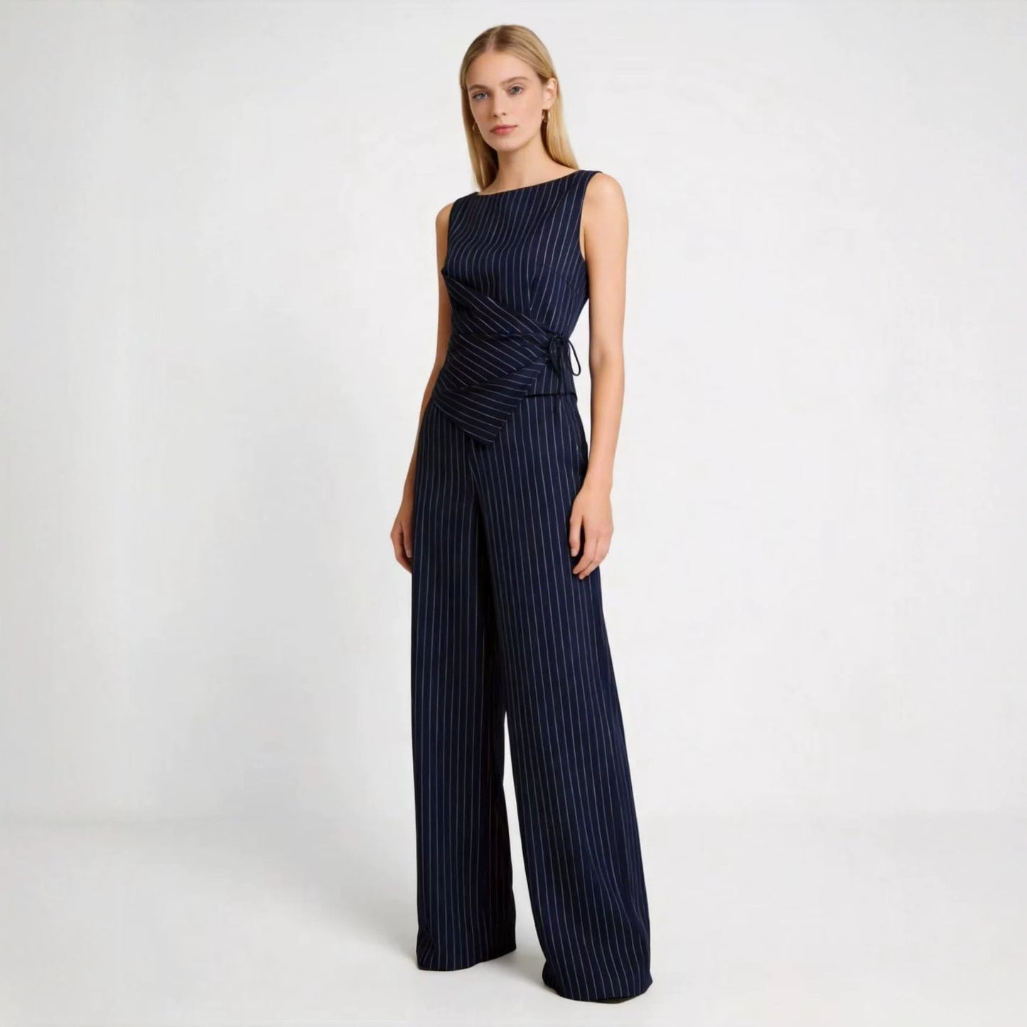 Temperament Bandage Round Neck Striped Sleeveless Fashion Casual Suit