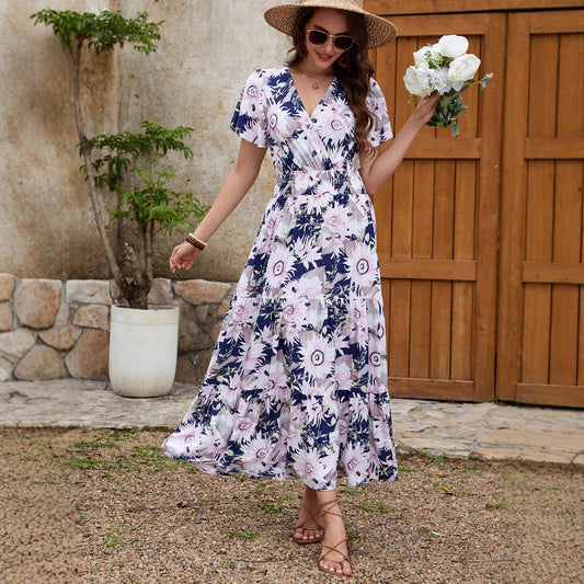 Women's Rayon Printed Sleeve Vacation Style Waist Slimming Dresses