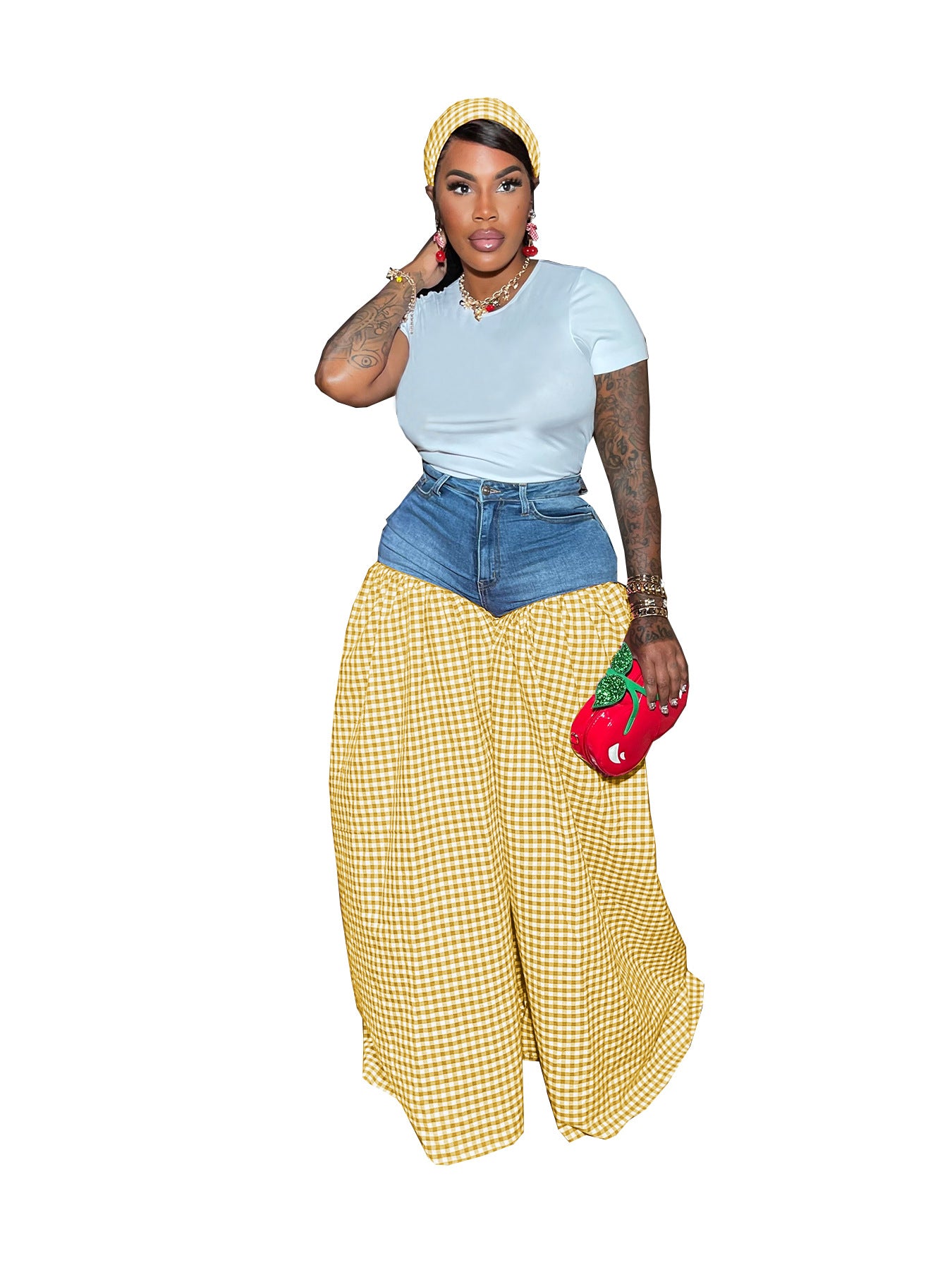 Women's Striped Denim Stitching Plaid High Waist Loose Pants