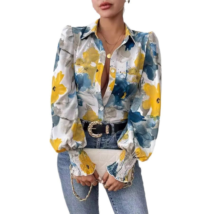 Women's Lapel Bubble Long Sleeve Loose Printed Blouses