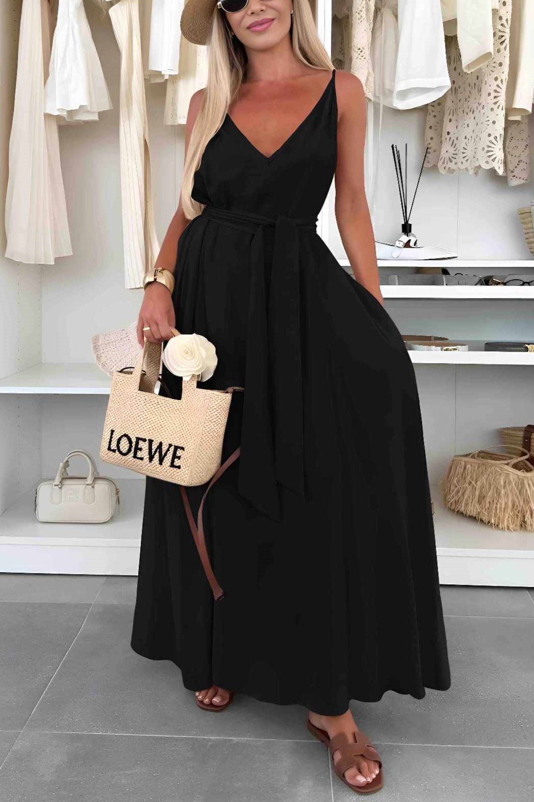 Women's Solid Color Bow Sling Casual Dress
