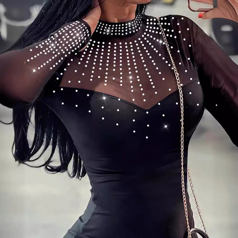 Mesh Fashionable Breathable Knitted Stretch Rhinestone Dress