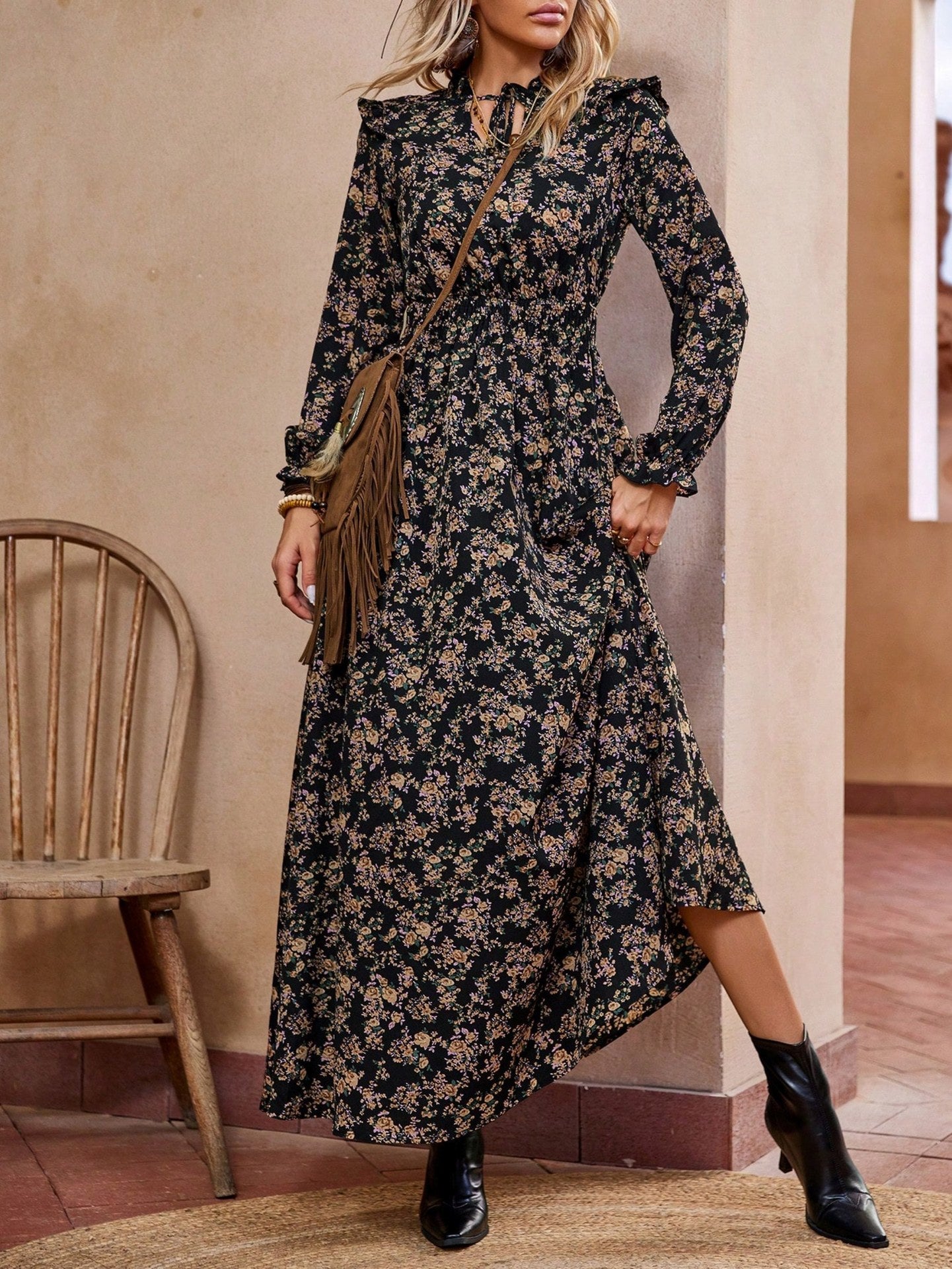 Elegant Graceful Floral Print Long Sleeve Dress