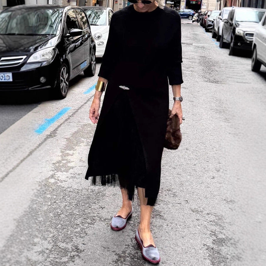 Women's Round Neck Knitted Slit Stitching Mesh Dress