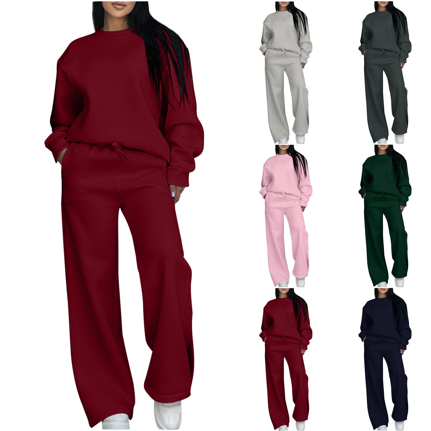 Women's Two-piece Set Long Sleeve Ribbed Patchwork Wide Leg Fashion Casual Suit