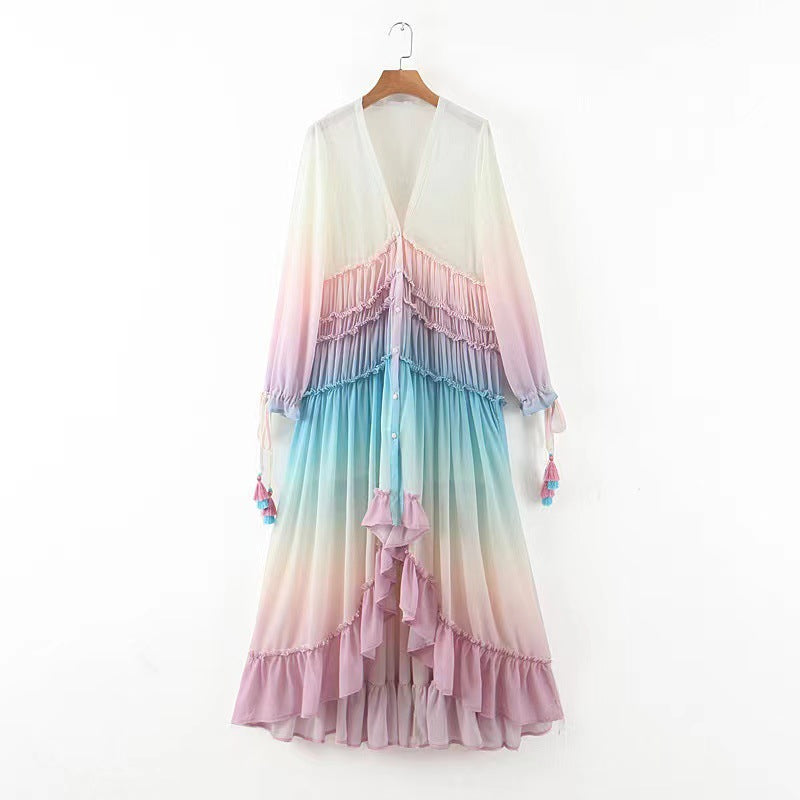 Women's Deep V Long Sleeve Gradient Printing Dresses
