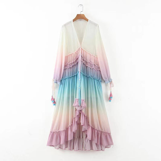 Women's Deep V Long Sleeve Gradient Printing Dresses
