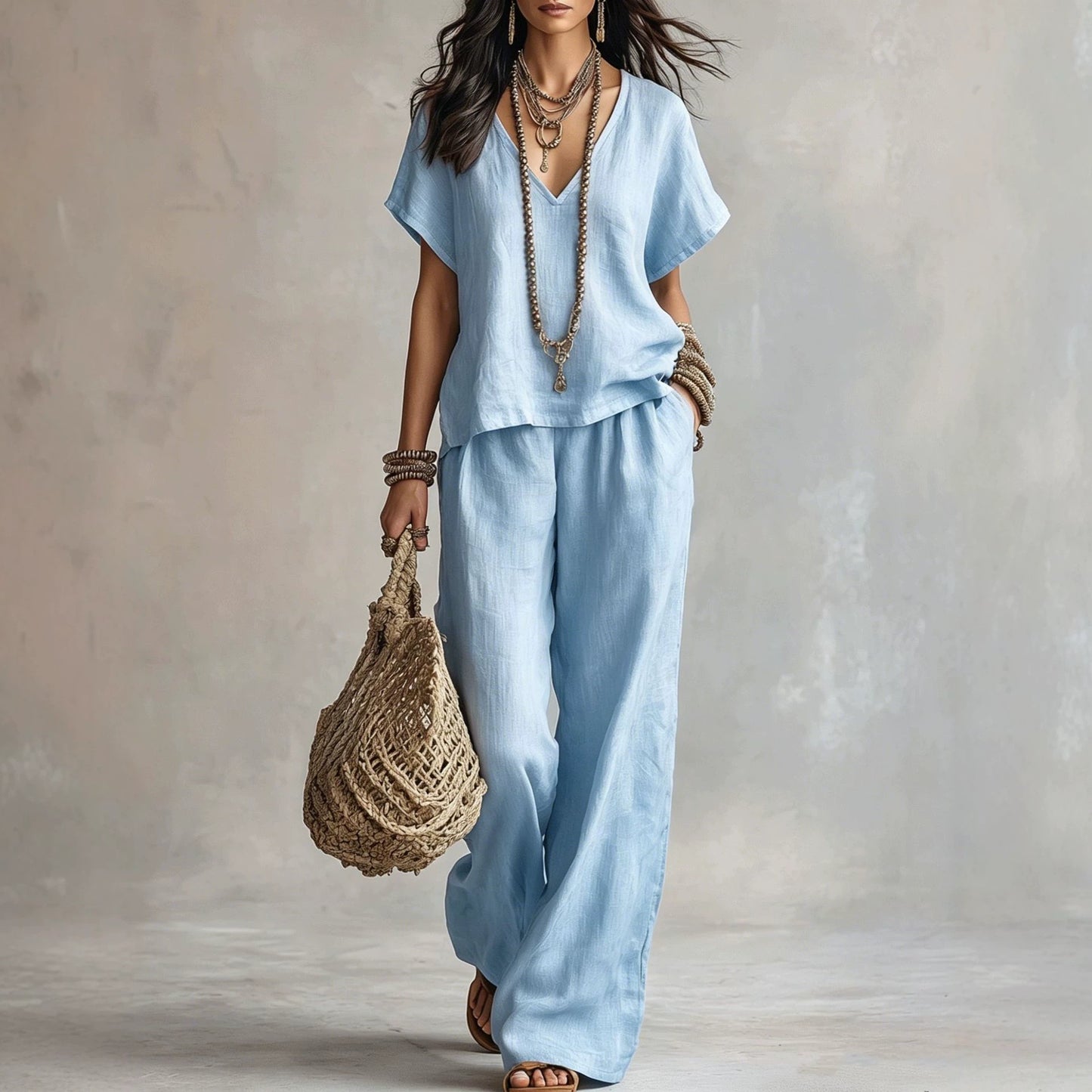 Women's Solid Color Loose Short-sleeved Trousers Two-piece Suits