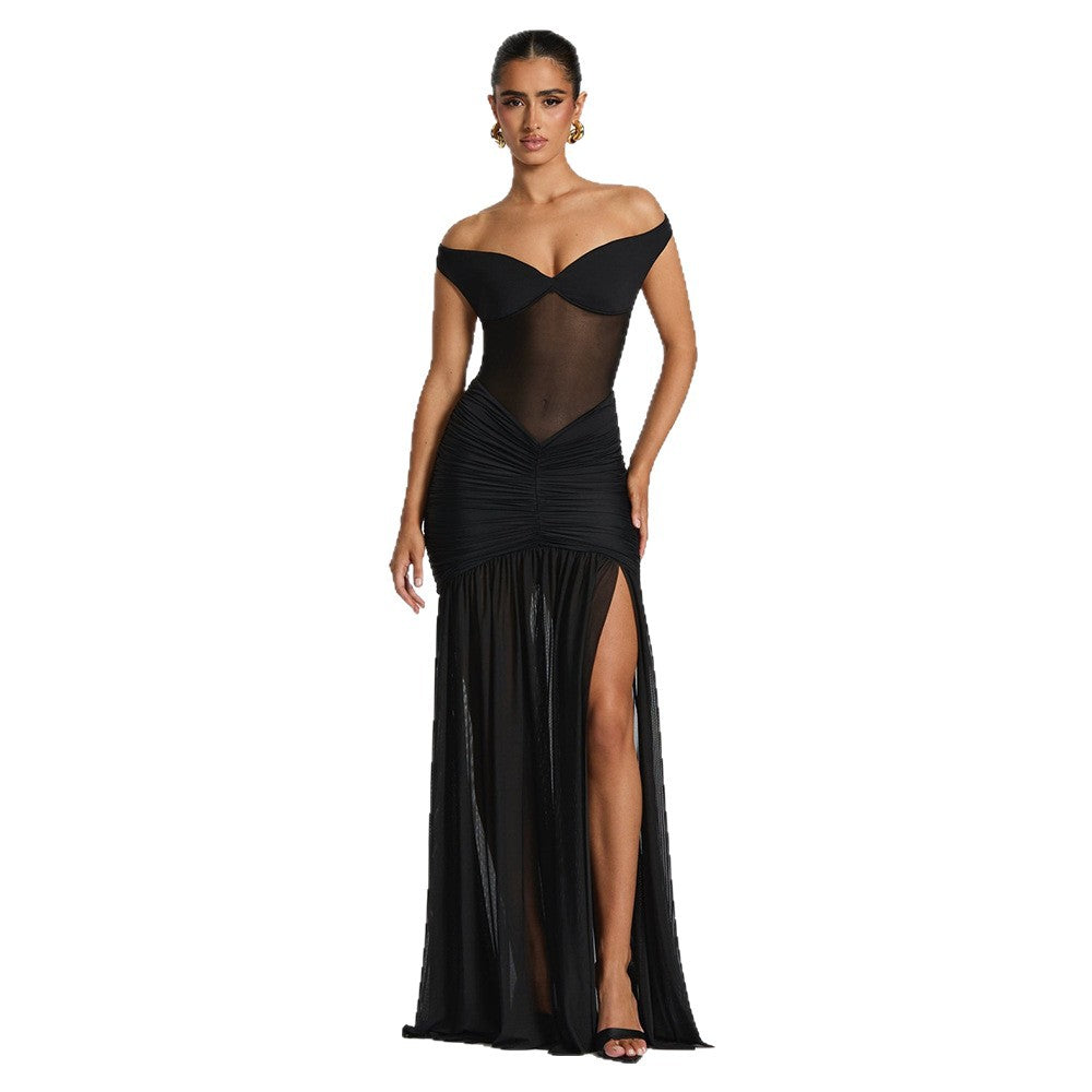 Women's Solid Color Sexy Mesh Stitching Pleated High Slit Dress