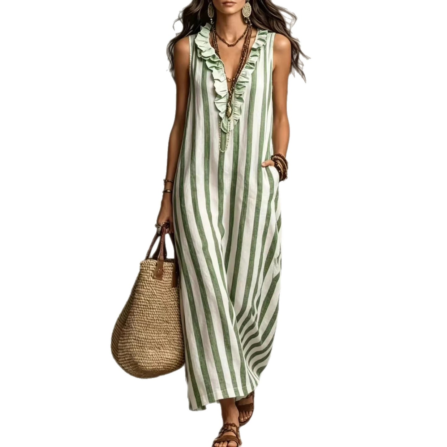 Summer Bohemian Style Vertical Stripes Ruffled Dress