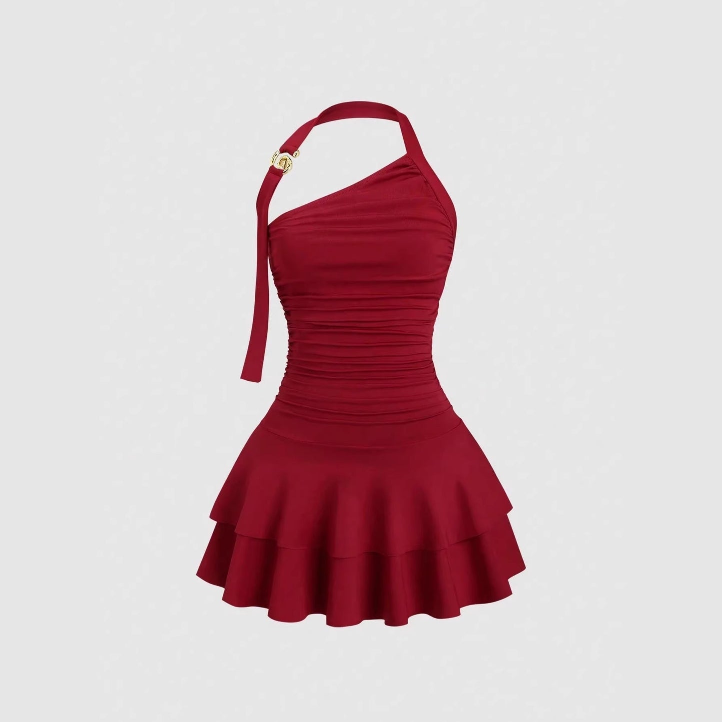 Solid Color Halter Slimming Cinched Waist Pleated Pure Want Sloping Dress
