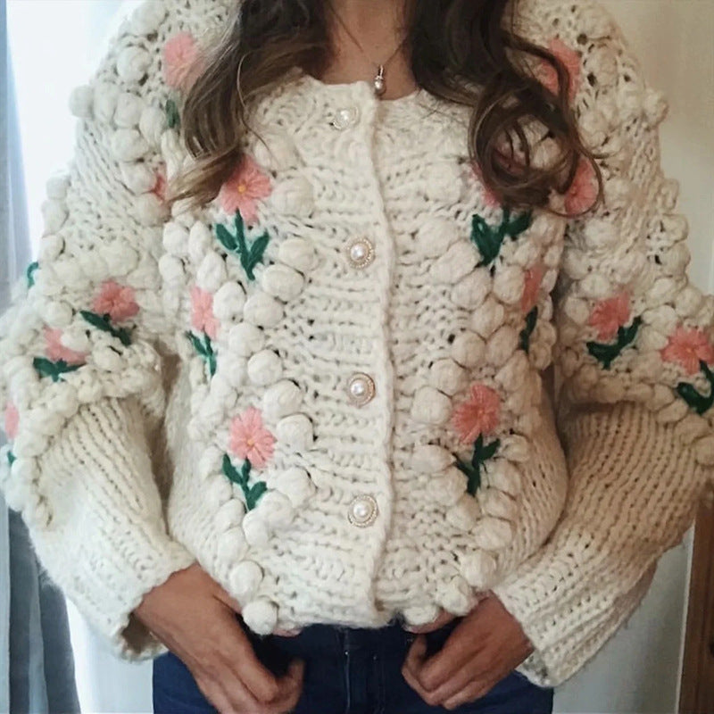 Handmade Crocheted Embroidery Twist Pearl Buckle Sweaters
