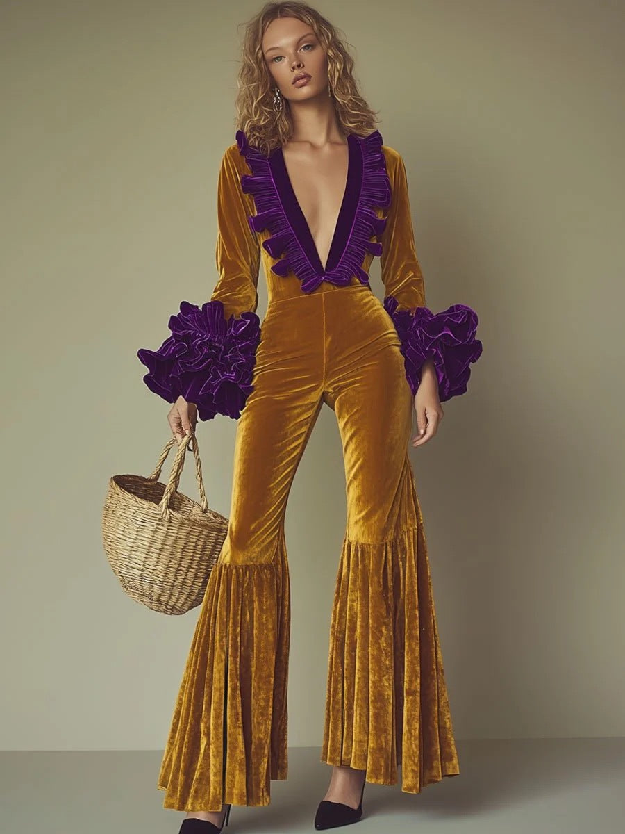 Women's Patchwork Long Sleeve Casual Party Trousers Jumpsuits