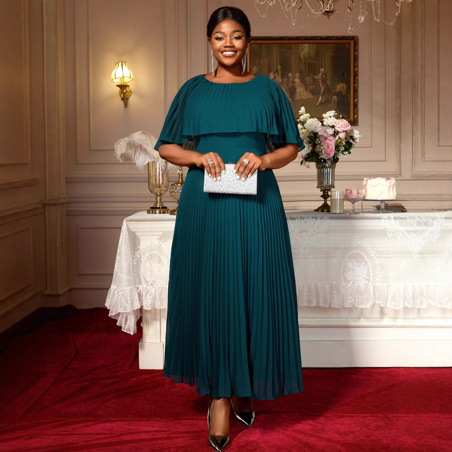 Women's Neck Cape Shawl Sleeve A-swing Chiffon Elegant Long Dresses