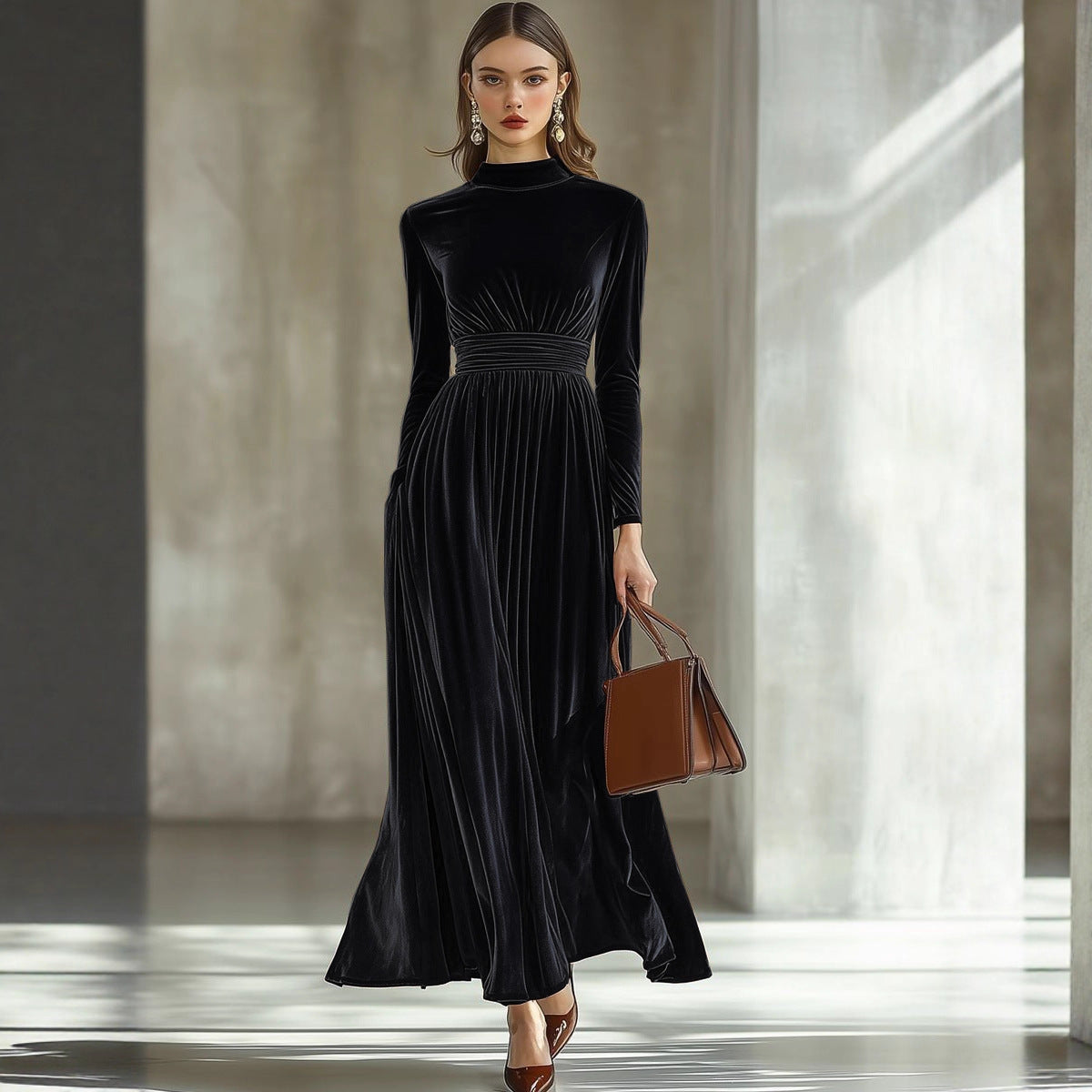 Women's Long-sleeved Waist Slimming Graceful Long Expansion Female Dress