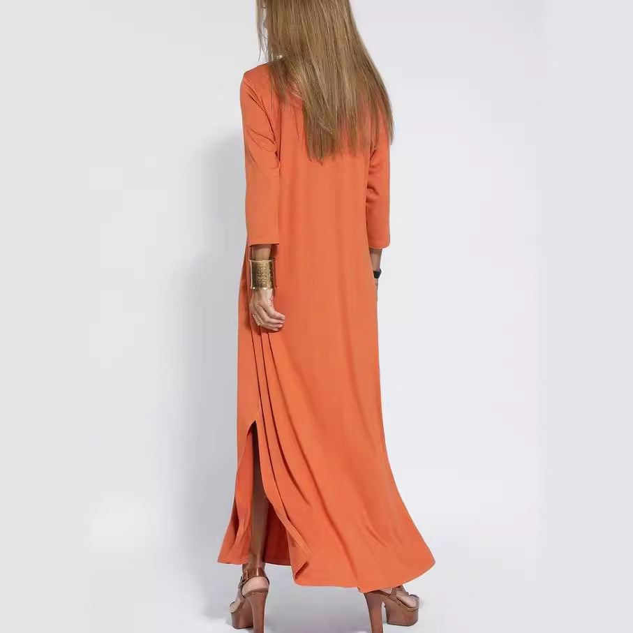 Solid Color Three-quarter Sleeve Knitted Long Dress