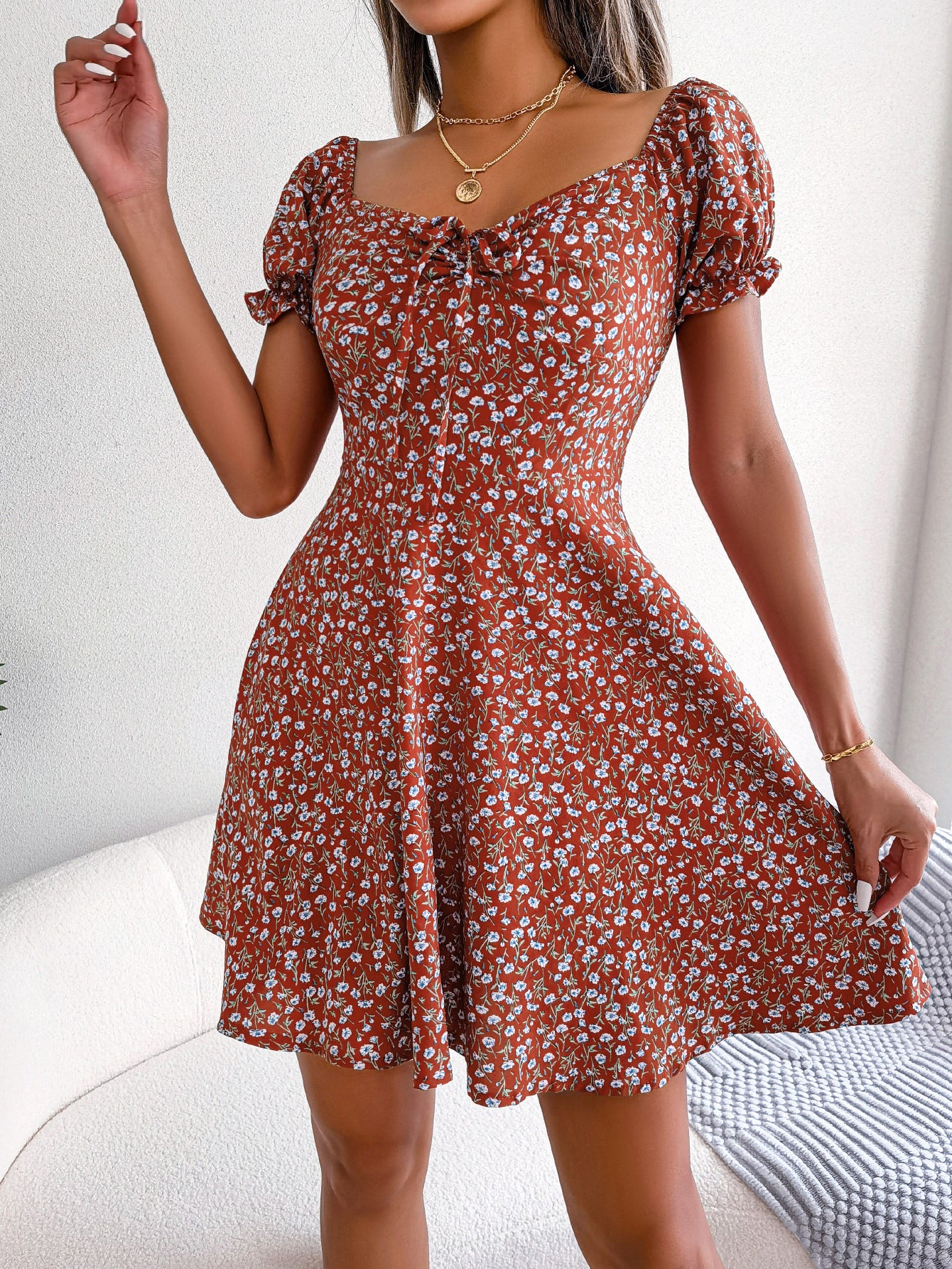 Women's Style Casual Bell Sleeve Drawstring Lace Floral Print Large Dress