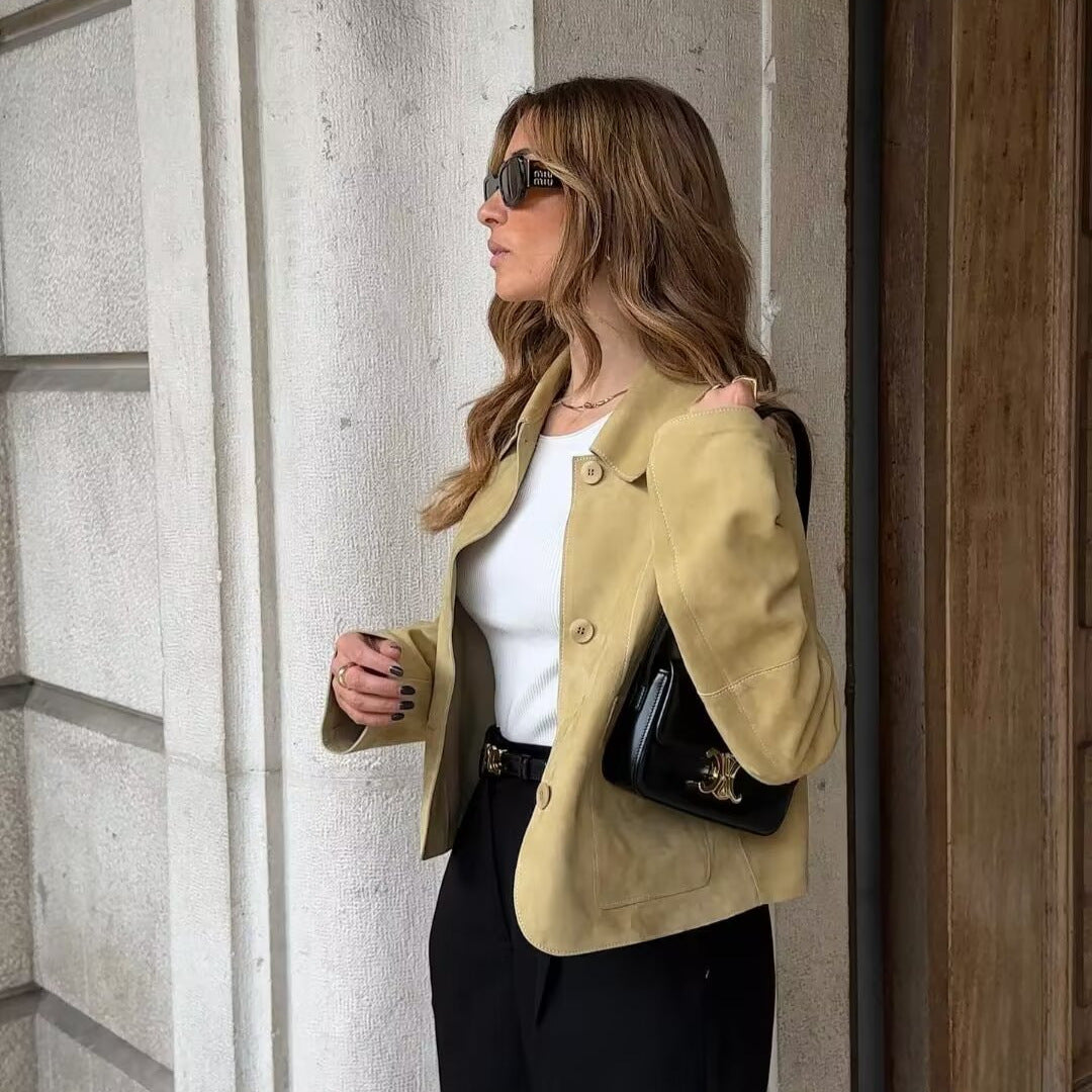 Women's Double Pocket Classic Style Suede Fabric Coats