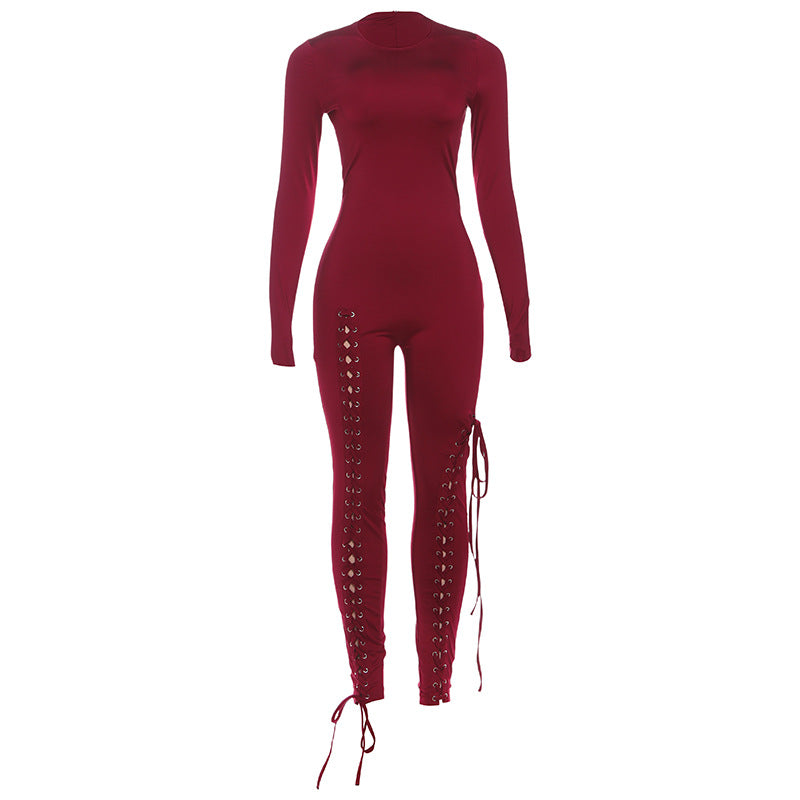 Women's Long-sleeved Fashion Sexy Cutout Bandage Skinny Jumpsuits