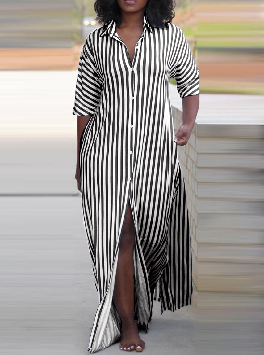 Women's Summer Fashion Loose Long Striped Shirt Dresses
